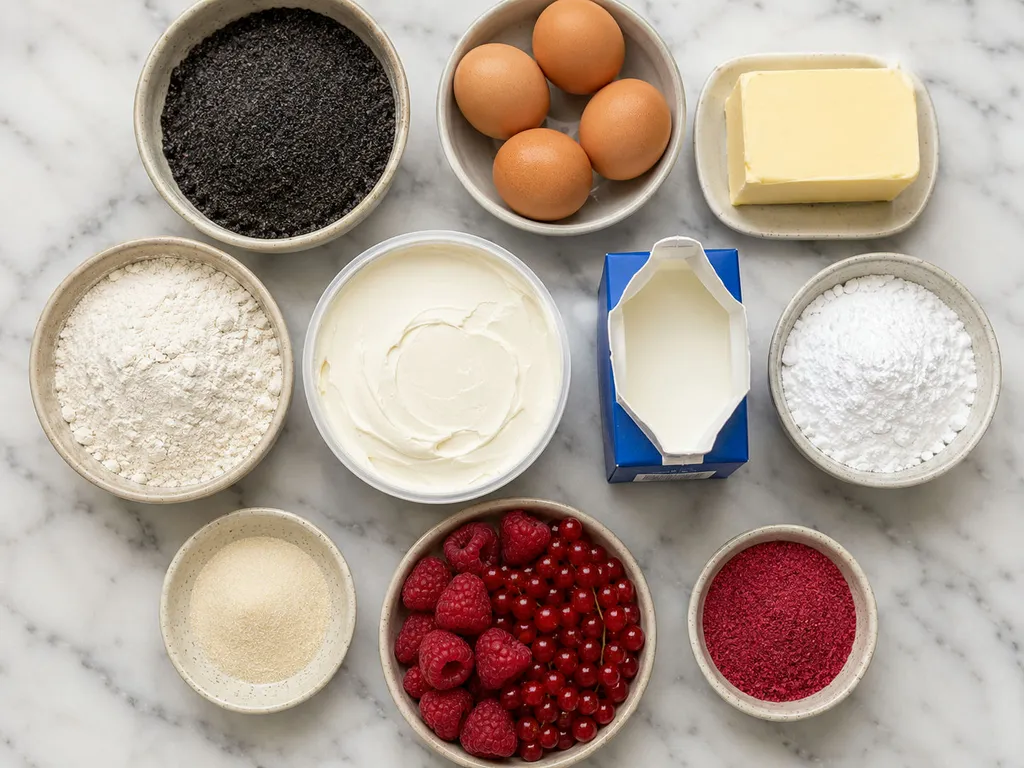 Raw ingredients for poppy seed and cream cake including mascarpone, cream and raspberries