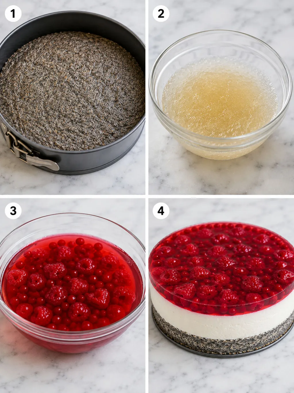 Four steps of making poppy seed cake with mascarpone cream and raspberry jelly