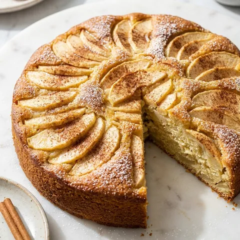 Round butter cake topped with fanned cinnamon apple slices, one slice cut away