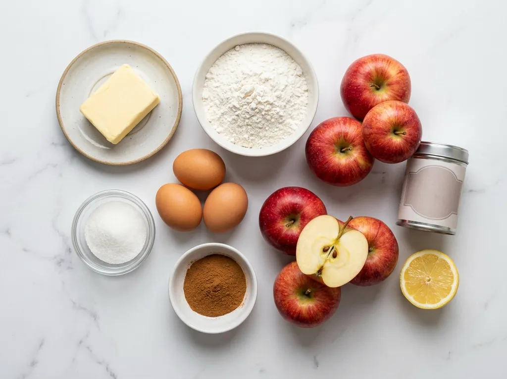 Butter, flour, eggs, apples and cinnamon arranged on a wooden table