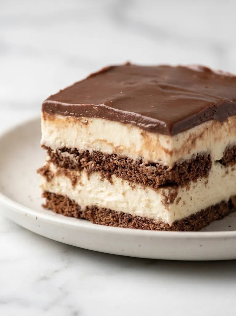 Close-up cut slice of Milky Way no-bake cake with layered cream and chocolate glaze