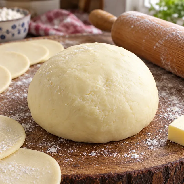 Gładkie ciasto na pierogi z masłem na drewnianej stolnicy