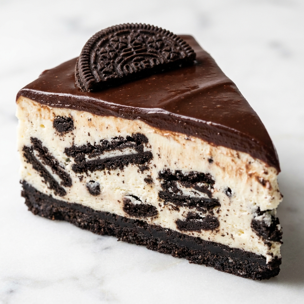 Kawałek kremowego ciasta Oreo bez pieczenia z czekoladową polewą i pokruszonymi ciasteczkami
