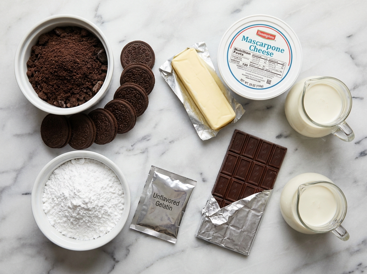 Składniki na ciasto Oreo bez pieczenia: ciasteczka, mascarpone, śmietana i czekolada