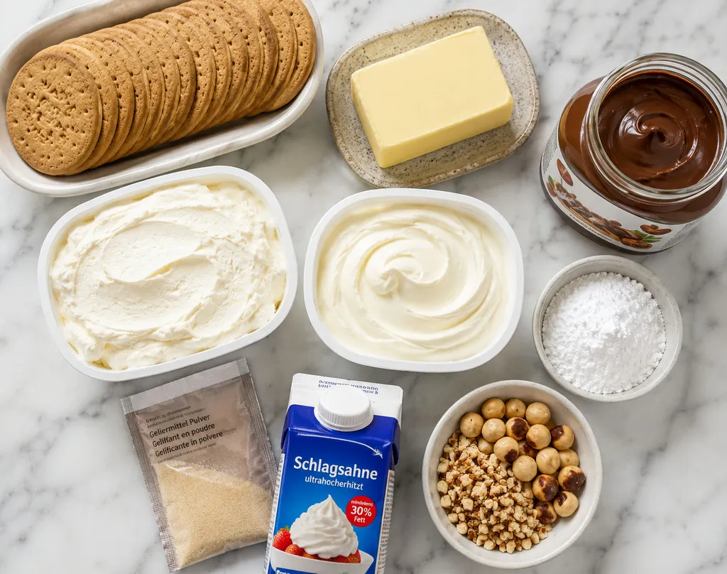 Raw ingredients for a no-bake Philadelphia Nutella cake on a wooden surface