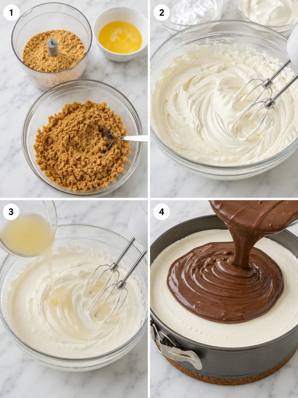 Four steps of making a no-bake Philadelphia Nutella cake from base to ganache