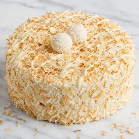 Round coconut Raffaello cake covered in toasted coconut and almond flakes
