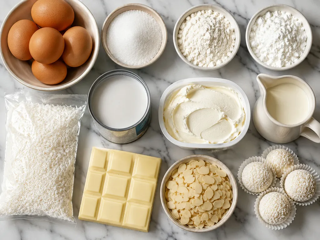 Raw ingredients for a coconut Raffaello cake including coconut, mascarpone and white chocolate