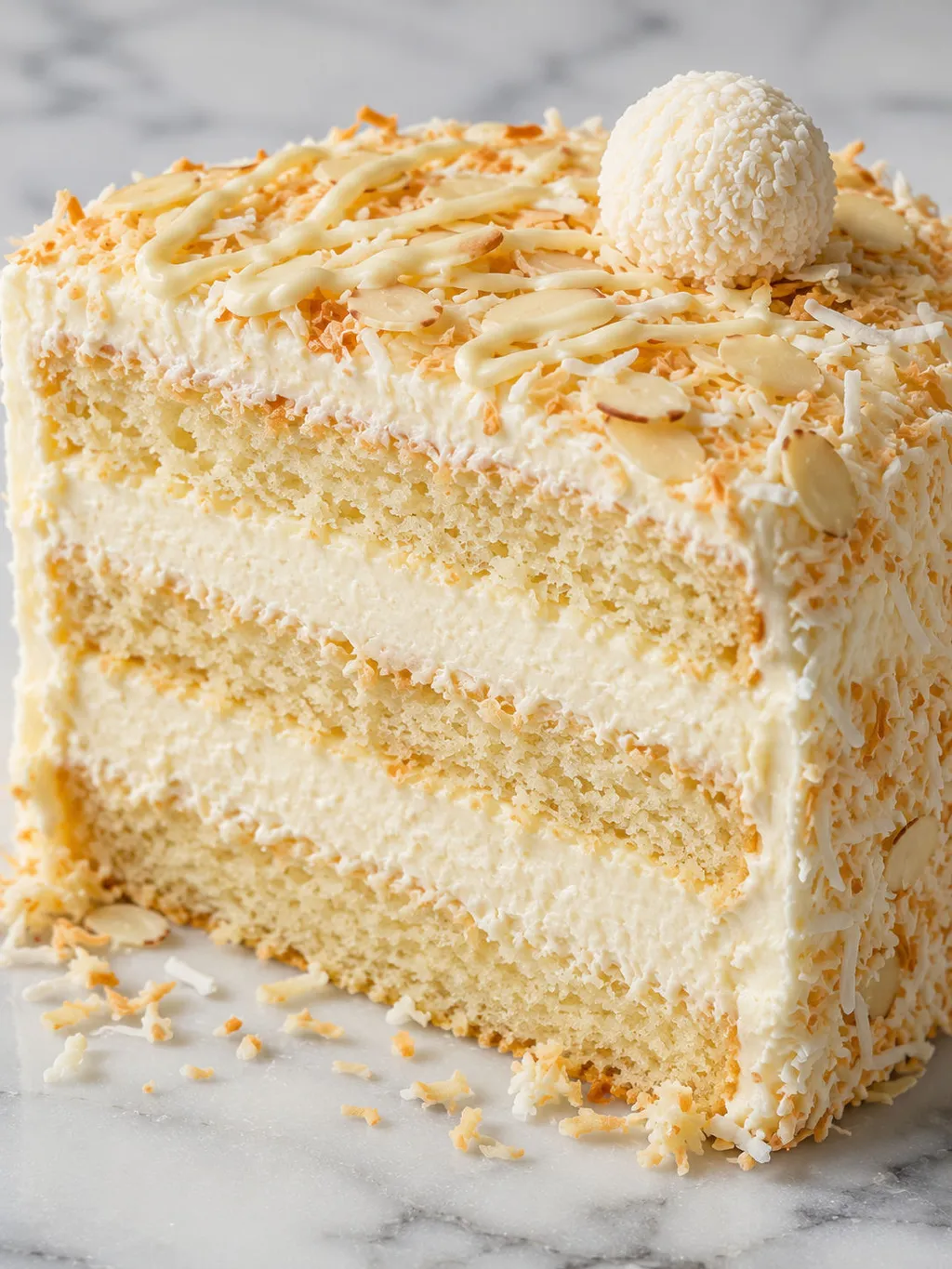 Sliced coconut Raffaello cake showing sponge layers and white cream filling