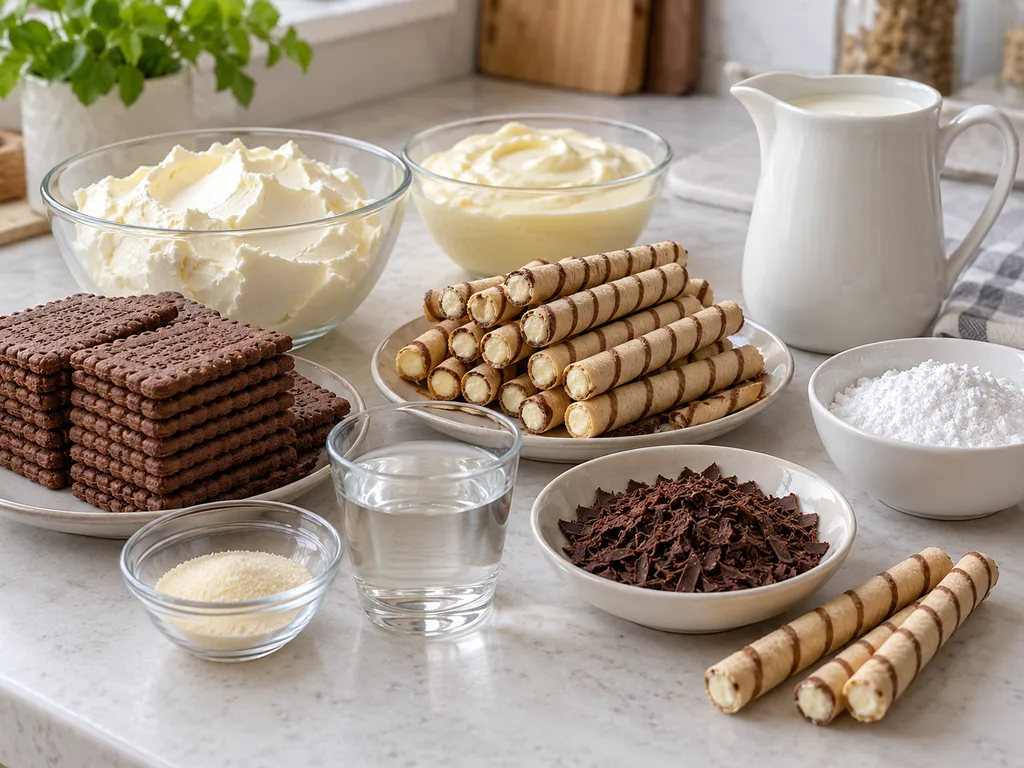 Składniki na ciasto rurociąg z herbatnikami, kremem i rurkami waflowymi