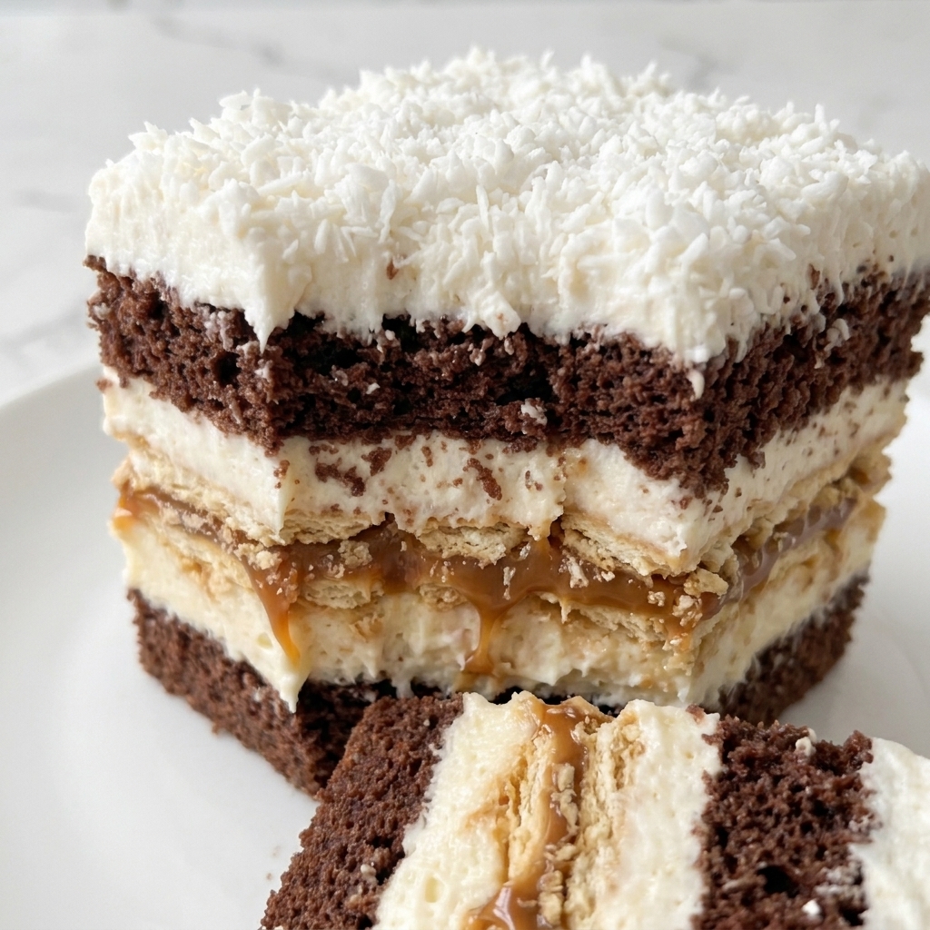 Sliced layered cocoa cake with caramel kajmak cream, coconut and vanilla pudding cream