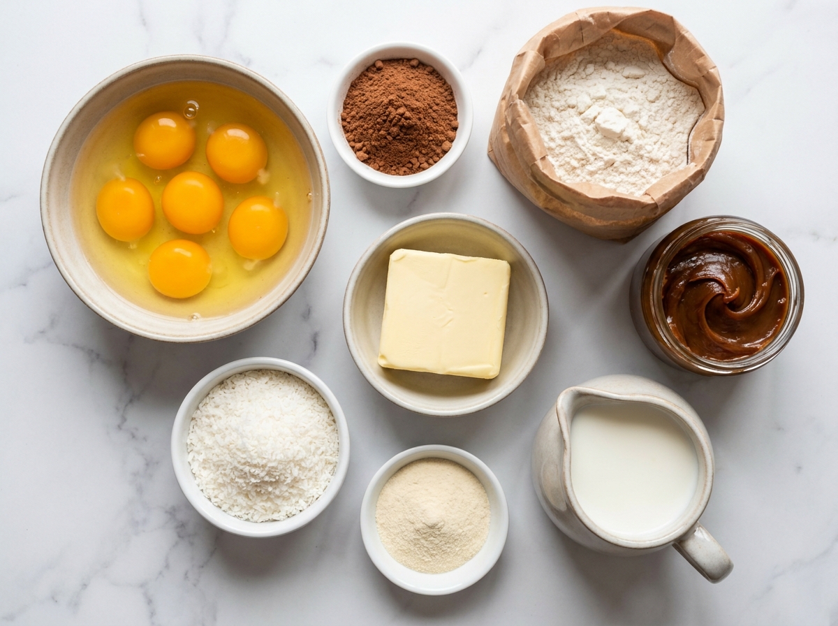 Raw ingredients for a kajmak coconut cocoa sponge cake including eggs, cocoa, caramel and coconut flakes