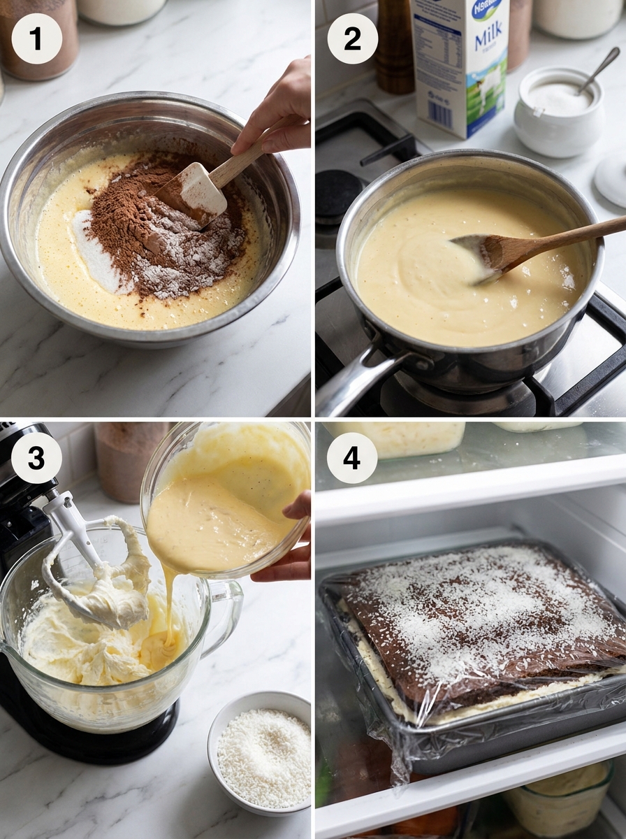 Four steps of making a kajmak coconut cocoa cake from slicing the sponge to sprinkling coconut on top