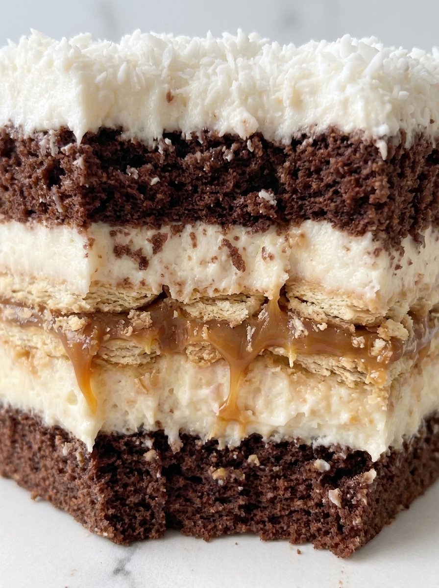 Close-up slice of layered cocoa cake with caramel kajmak cream and coconut pudding cream