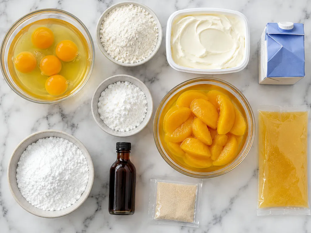 Raw ingredients for peach and mascarpone cake including eggs, cream and canned peaches