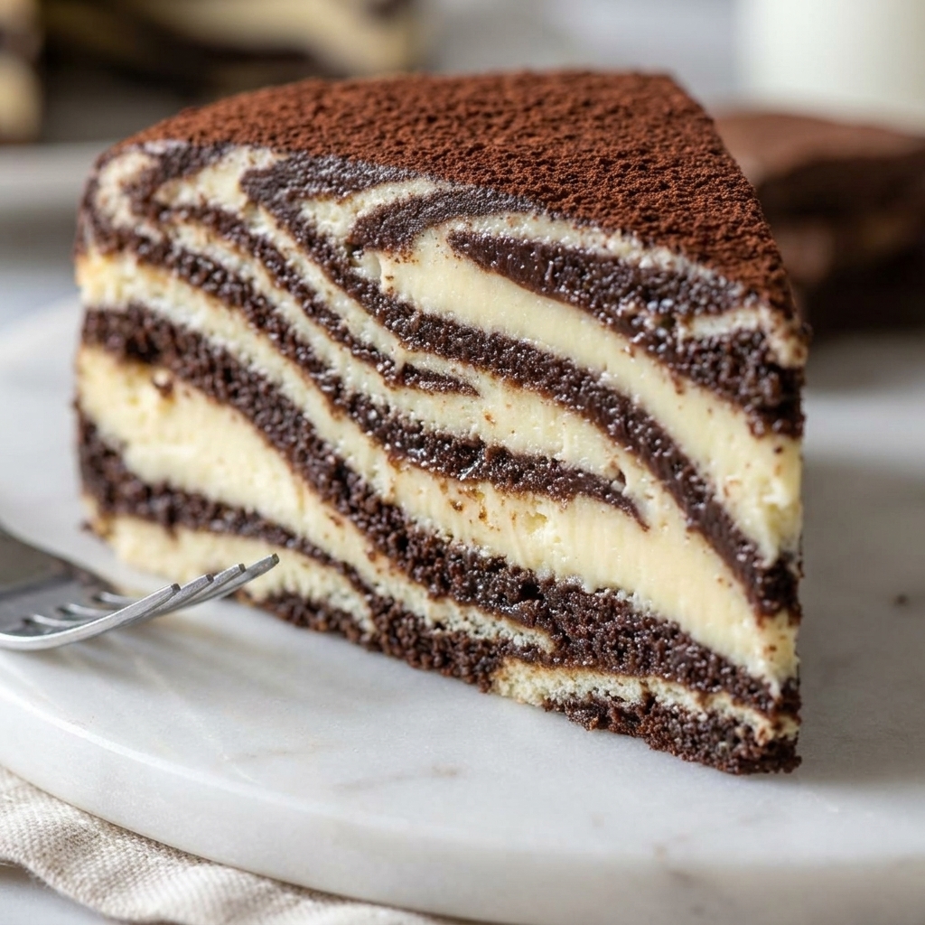 Sliced no-bake zebra cake with dark and light pudding stripes between biscuit layers