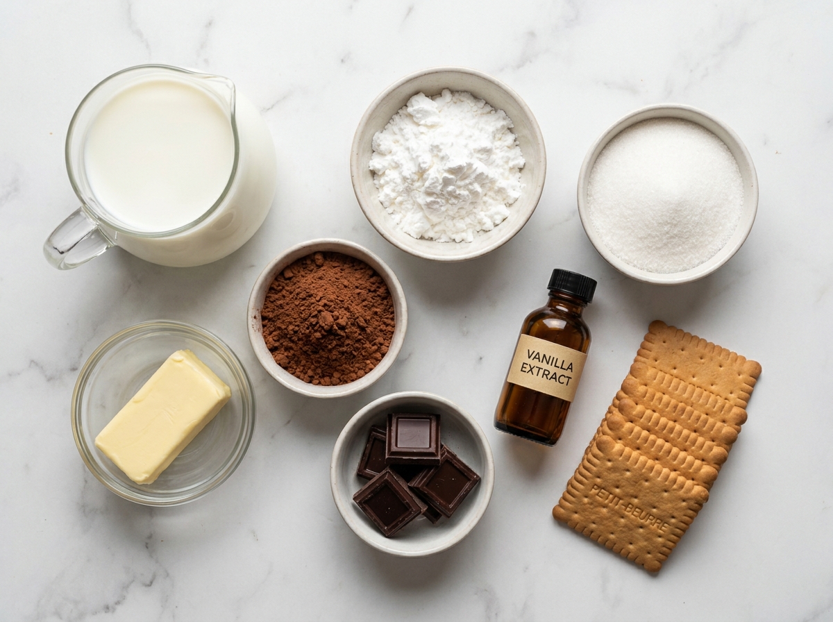 Milk, potato starch, cocoa, butter, chocolate and biscuits for a no-bake zebra cake