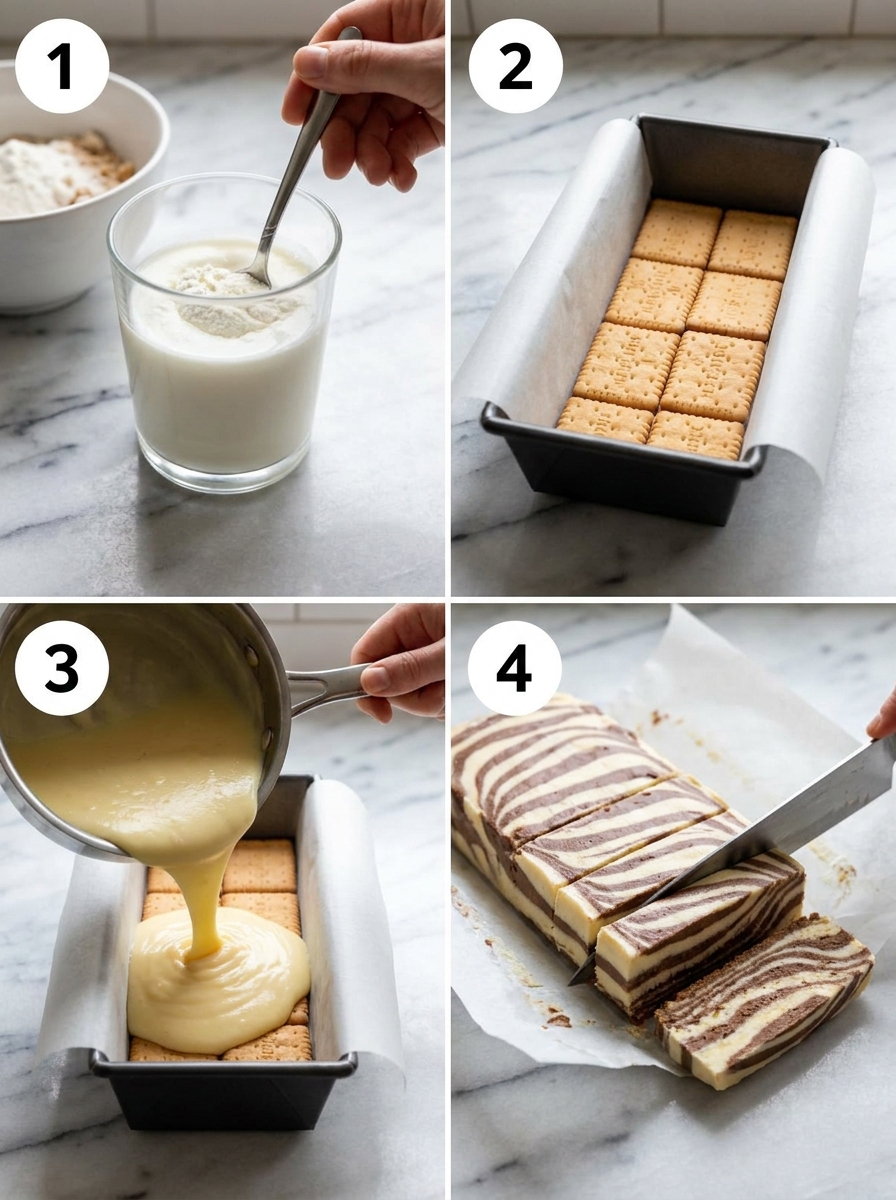 Four steps of making a no-bake zebra cake from pudding to sliced stripes