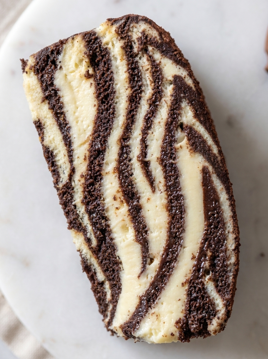 Top-down slice of no-bake zebra cake with dark and light pudding stripes