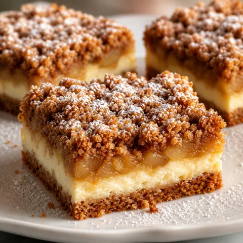 Slice of dark cocoa apple crumble cake with cinnamon apple filling on a plate