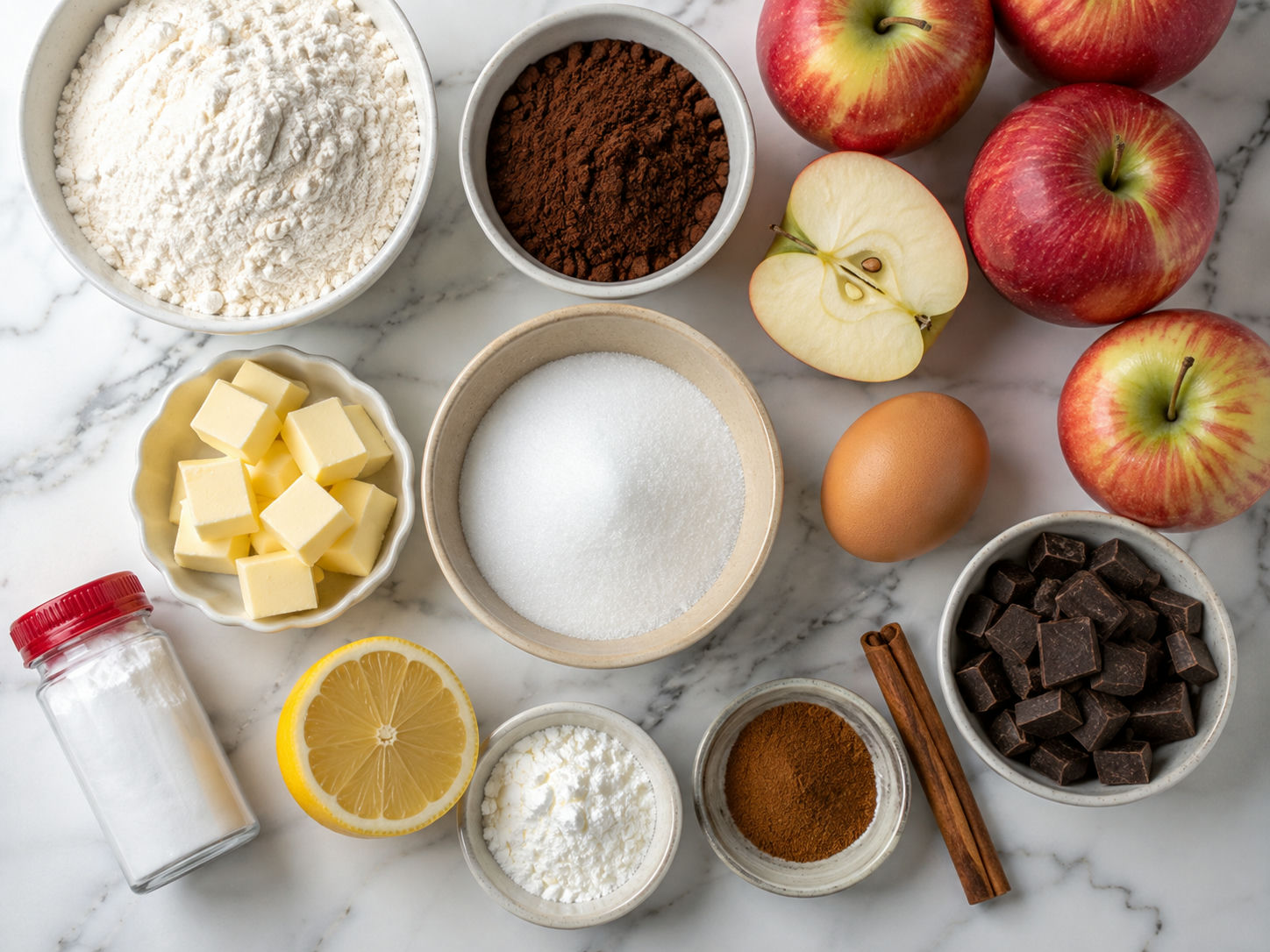 Raw ingredients for dark cocoa apple crumble cake including apples, cocoa, and butter