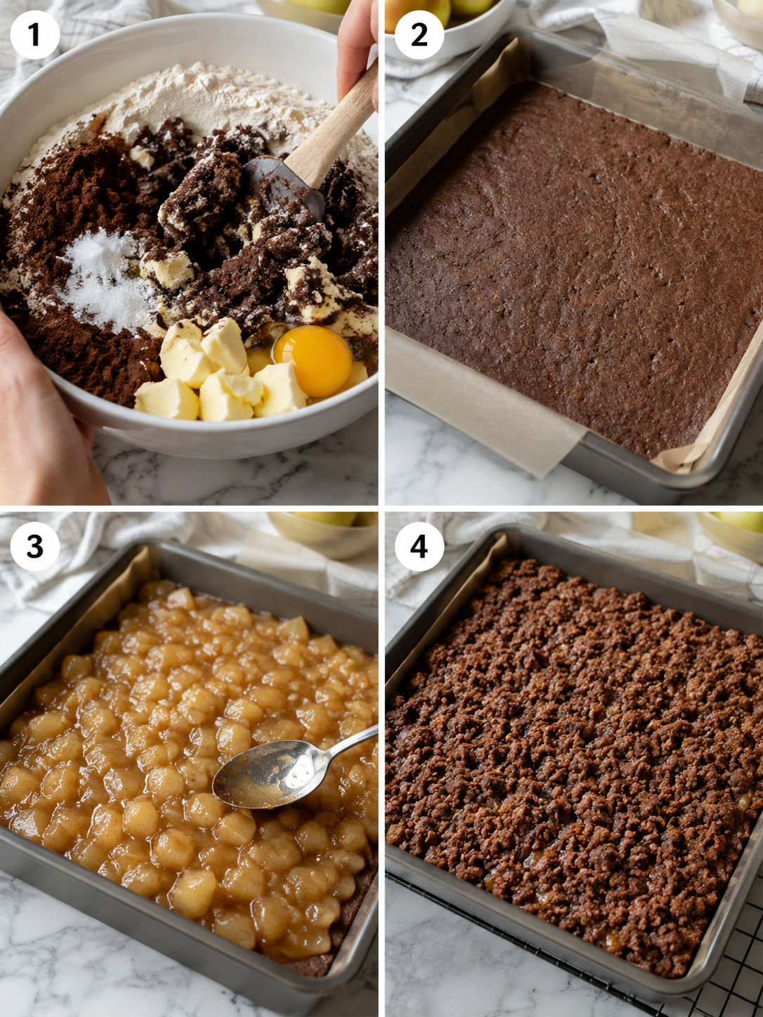 Four steps of making dark cocoa apple crumble cake from dough to grated topping