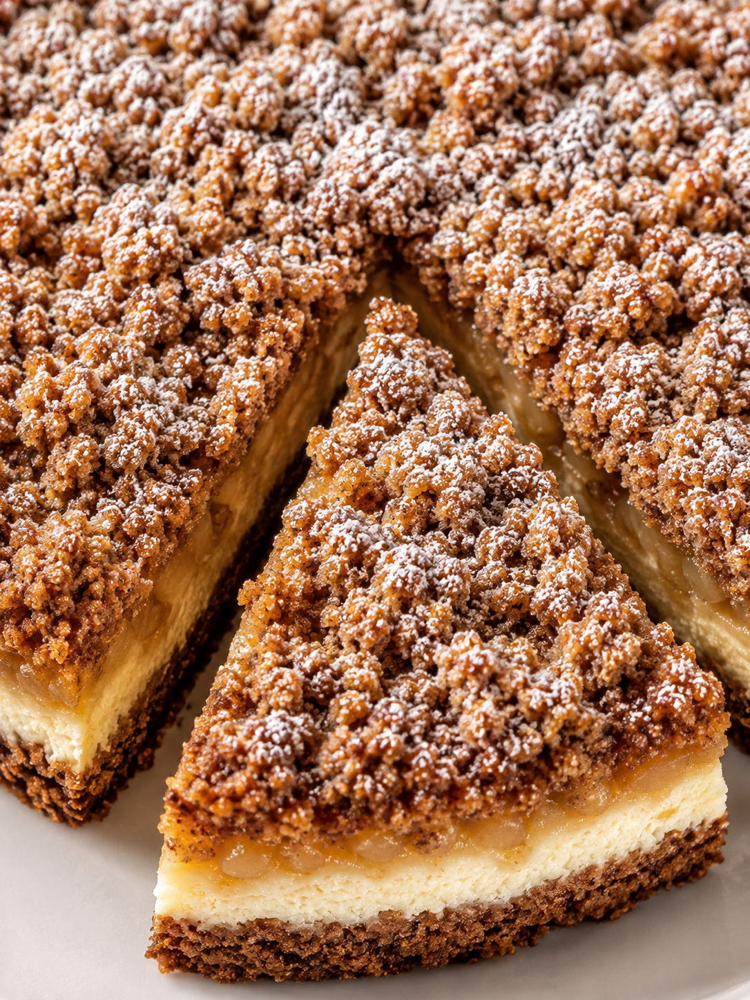 Whole dark cocoa apple crumble cake with a slice cut showing cinnamon apple filling