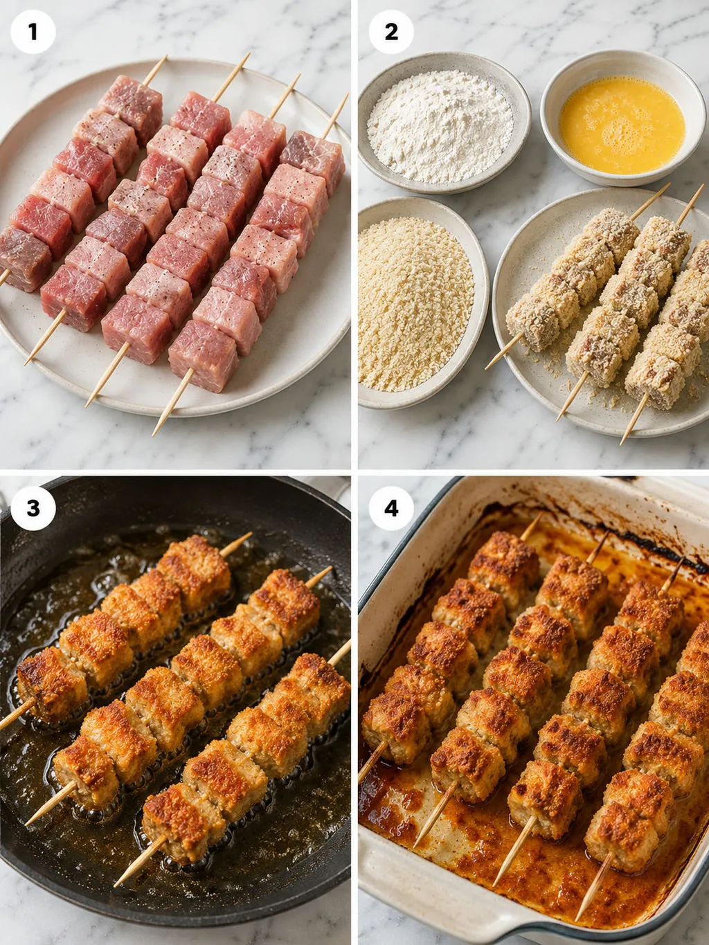 Cztery etapy przygotowania city chicken od nawlekania po pieczenie w piekarniku