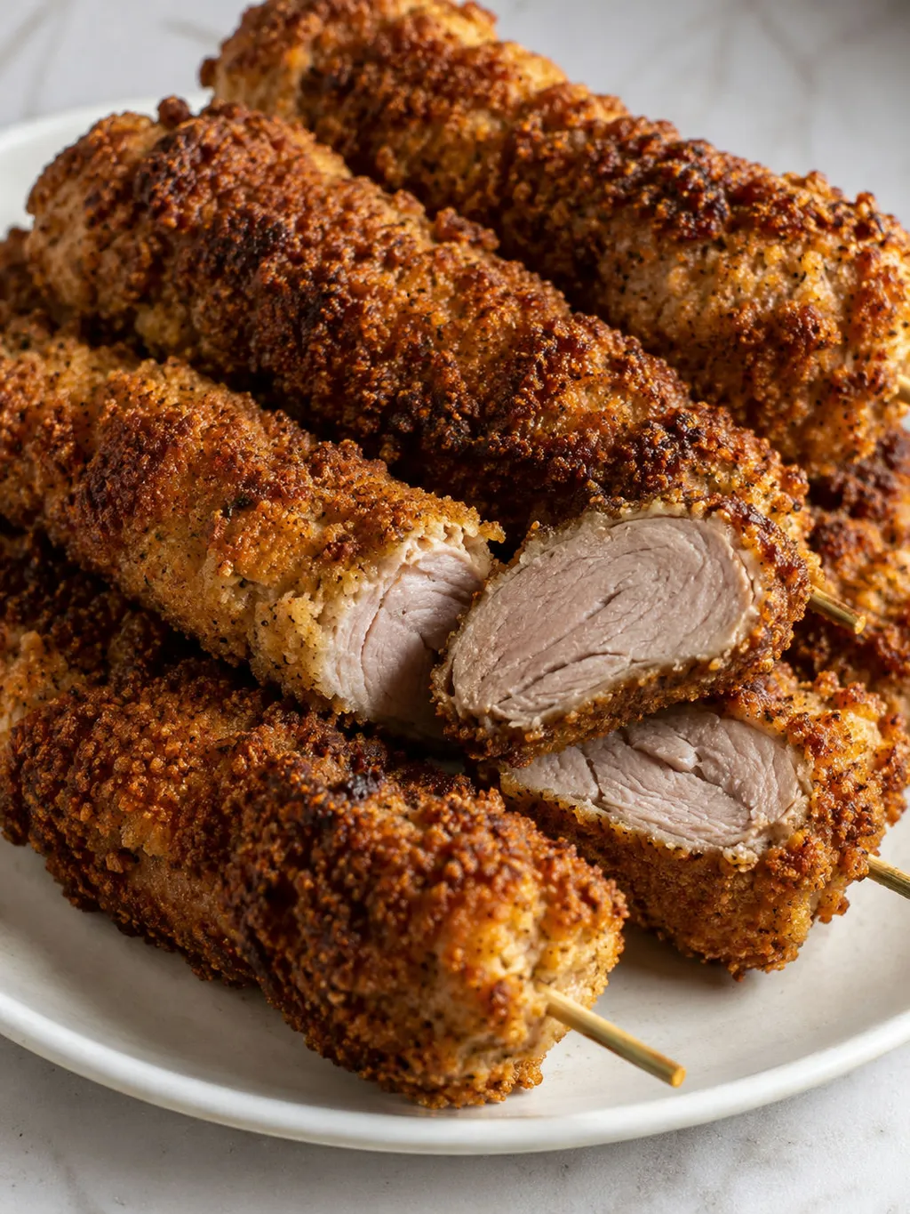 Chrupiące szaszłyki city chicken z widocznym soczystym mięsem w środku