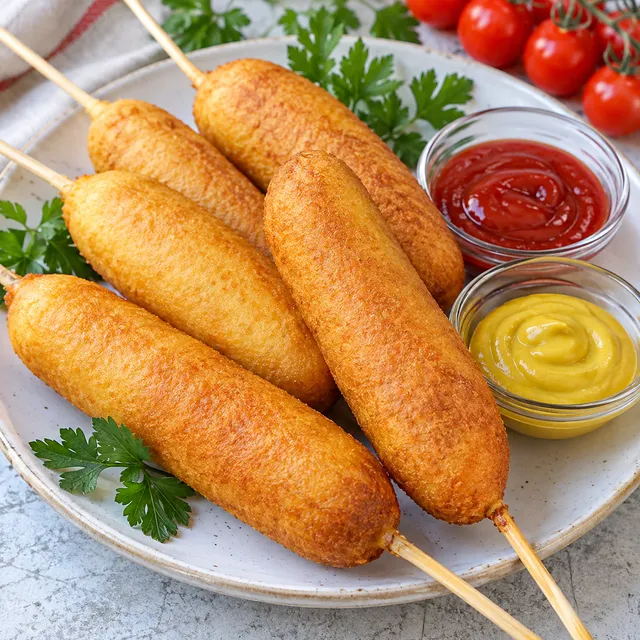 Złociste corn dogi na patyczkach z ketchupem i musztardą