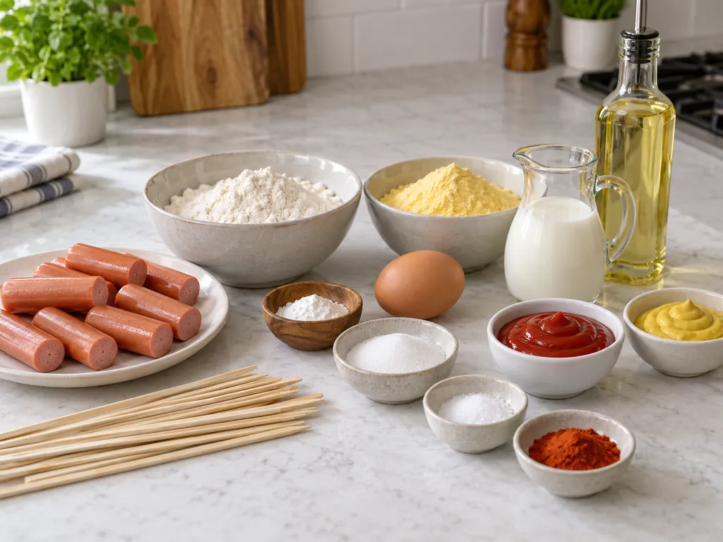 Składniki na corn dogi z parówkami, mąką kukurydzianą i jajkiem