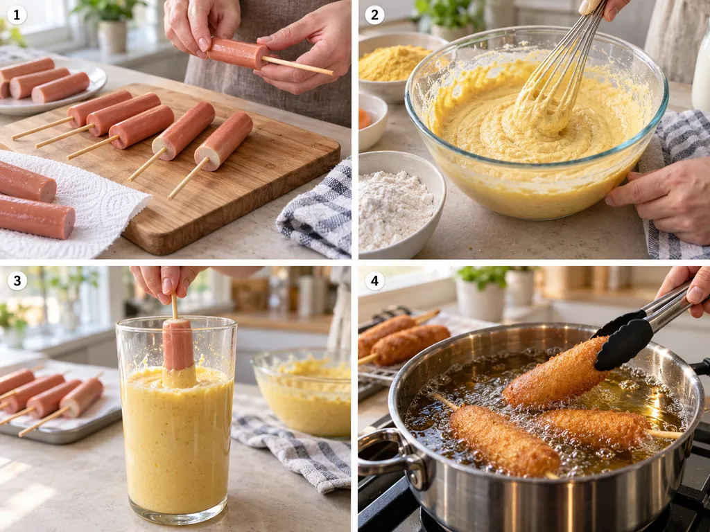 Cztery etapy robienia corn dogów od nabijania parówek po smażenie