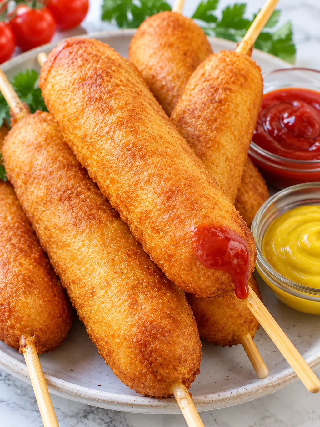 Corn dogi w złocistej panierce z ketchupem i musztardą