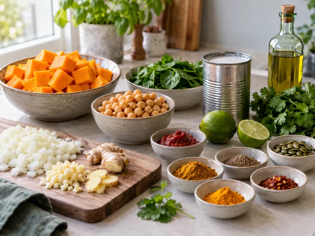 Składniki na curry z dynią, ciecierzycą, kokosem i szpinakiem