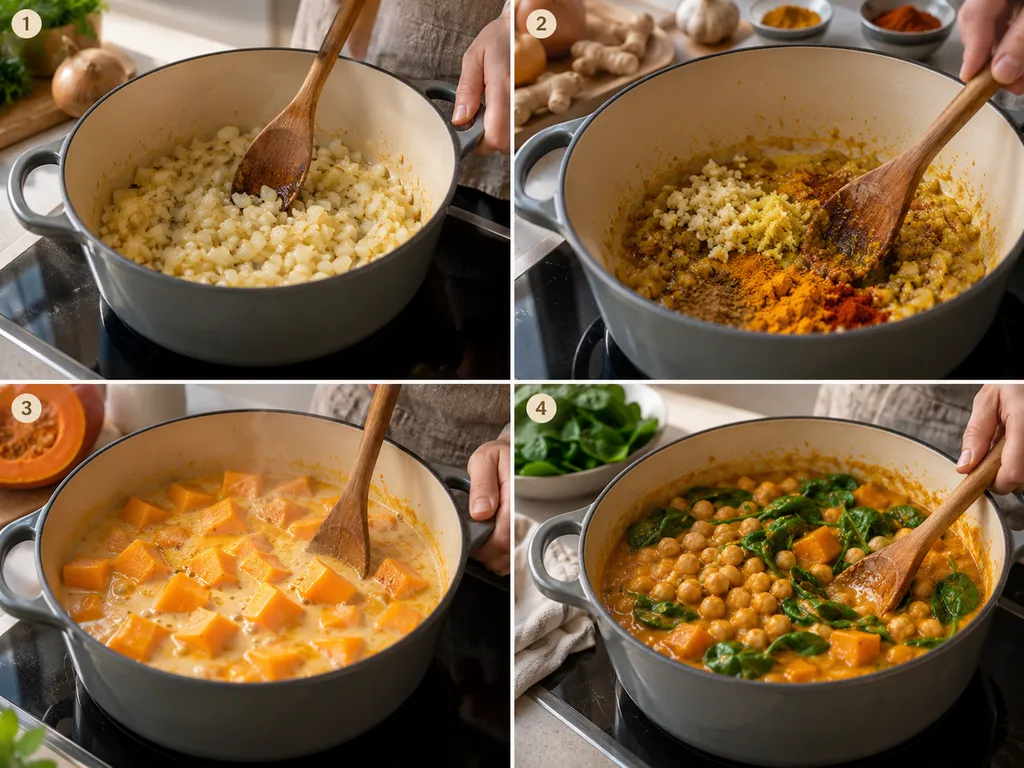 Cztery etapy gotowania curry z dynią i ciecierzycą