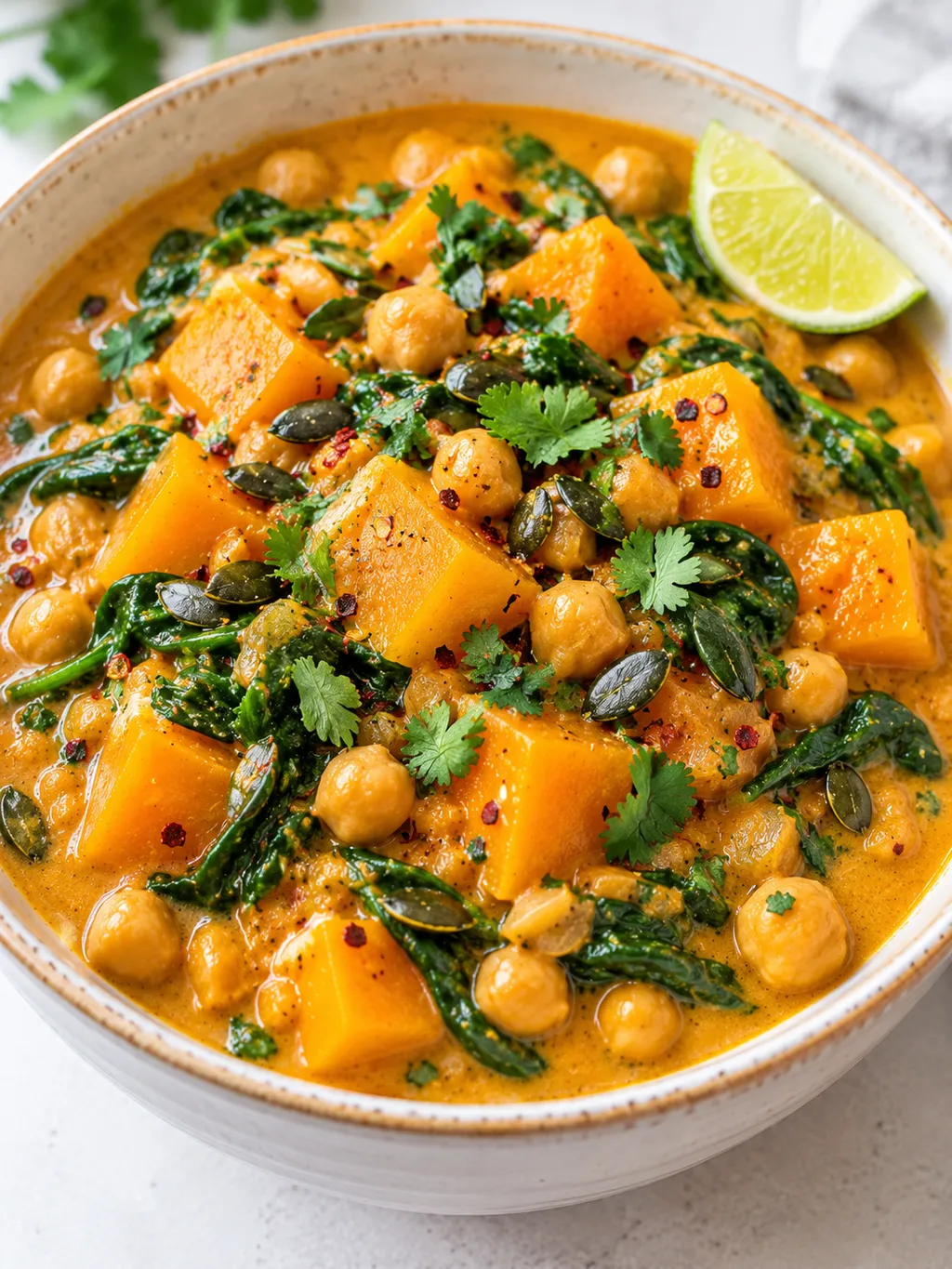 Miska curry z dynią i ciecierzycą z kolendrą i limonką