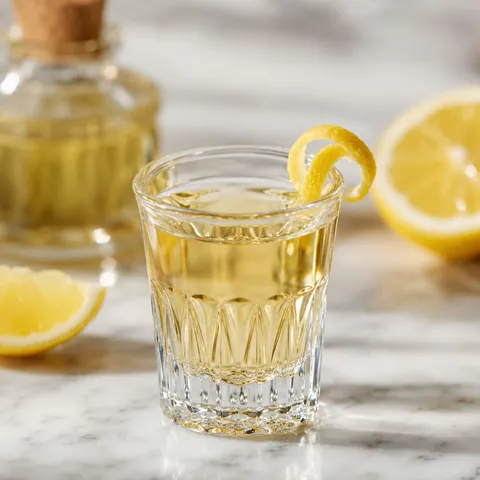 Golden cytrynówka lemon liqueur in a small glass with lemon zest garnish