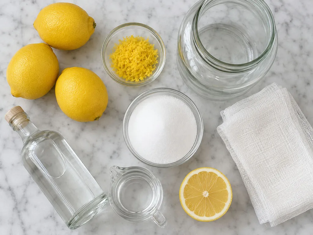 Whole lemons, zest, sugar, water and spirit for homemade cytrynówka