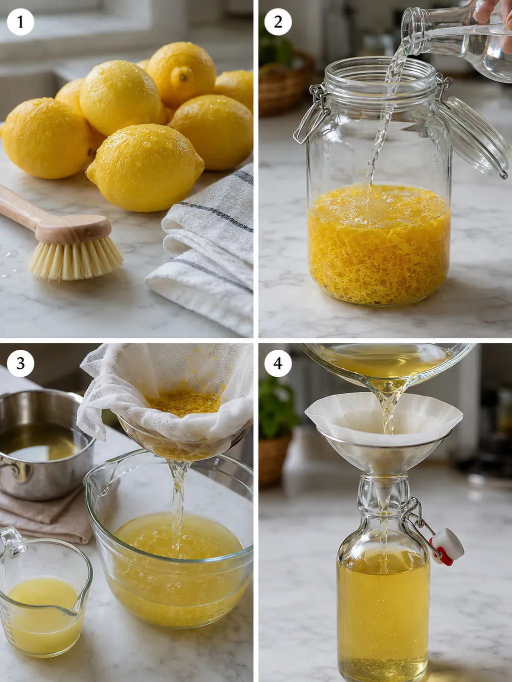 Four steps of making cytrynówka from zesting to straining the liqueur