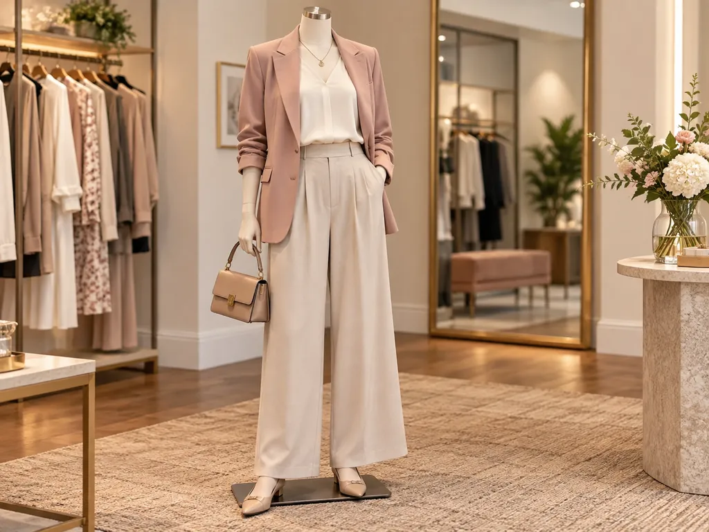 Wygodna elegancka stylizacja z szerokimi spodniami, bluzką i marynarką.