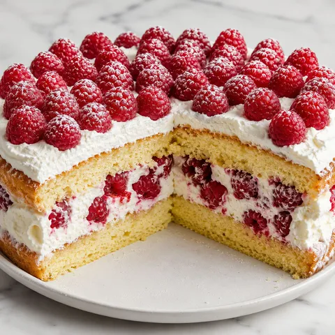 Sliced sponge cake with mascarpone cream and fresh raspberries