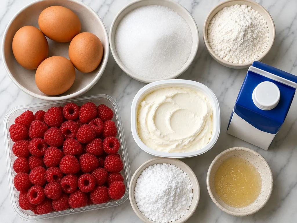 Raw ingredients for a mascarpone raspberry sponge cake on a wooden table