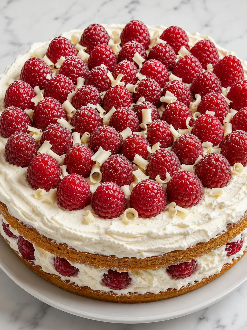 Whole mascarpone cake topped with fresh raspberries and white chocolate curls