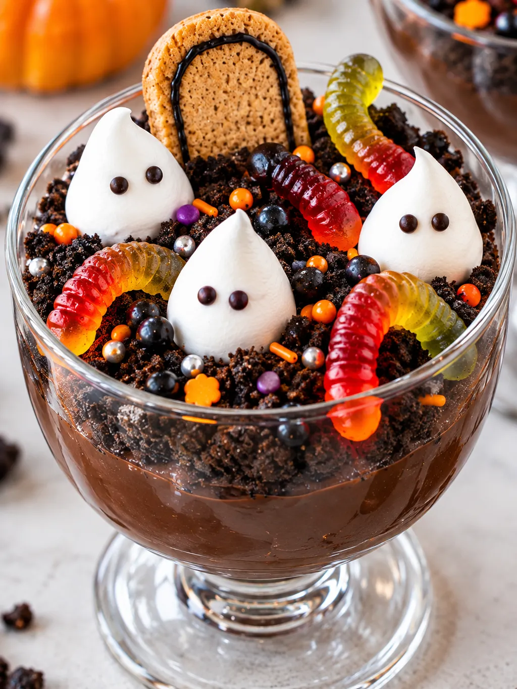 Halloweenowy deser budyniowy z ciasteczkową ziemią i żelkami