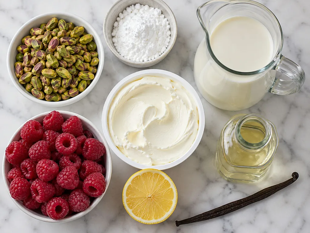 Świeże pistacje, maliny, mascarpone i śmietana ułożone na drewnianym blacie
