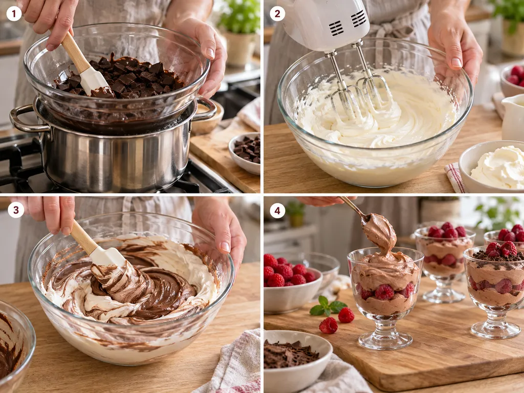 Cztery etapy przygotowania deseru z mascarpone i malinami