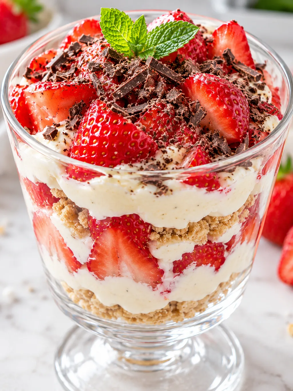 Warstwowy deser z truskawkami i mascarpone w wysokim pucharku