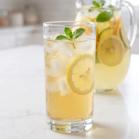 Tall glass of mint lemonade with ice, lemon slice and fresh mint sprig