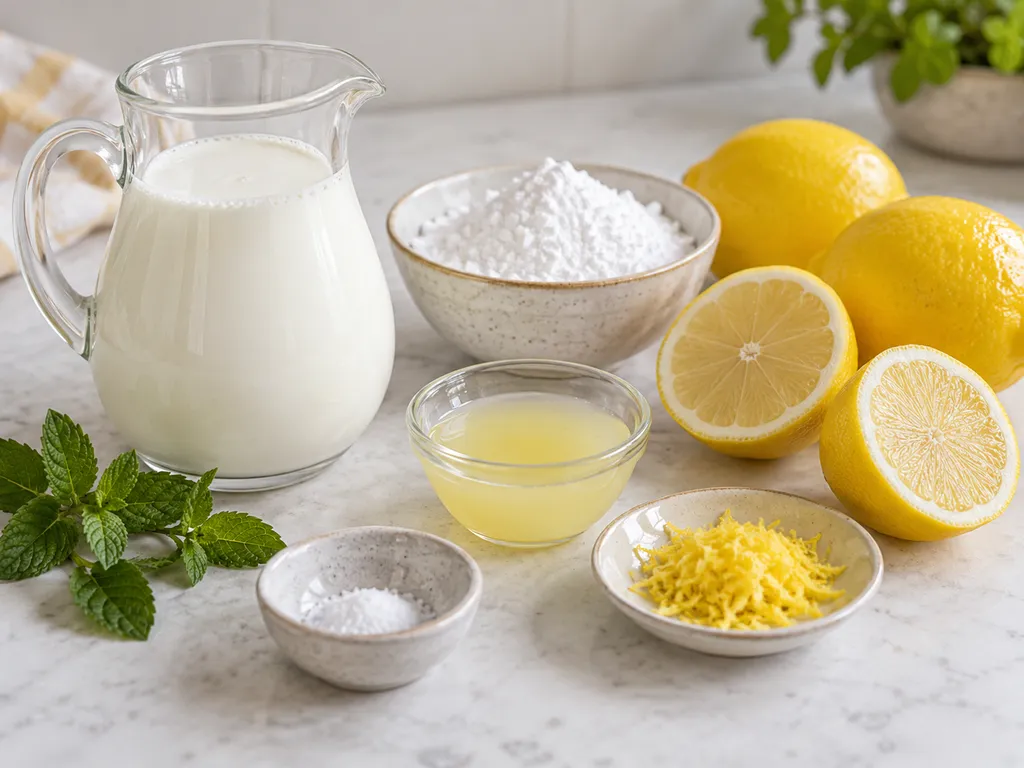 Składniki na lody cytrynowe ze śmietanką, cytrynami i cukrem pudrem