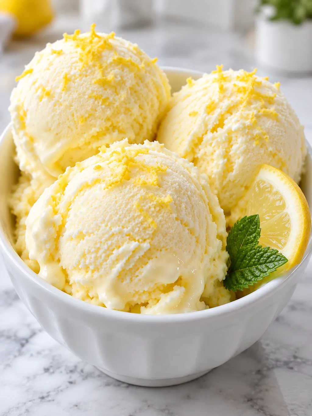 Kremowe lody cytrynowe z miętą i plasterkiem cytryny